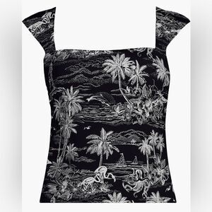 Land's End Plus Size Square Neck Back underwire tankini Black tropical scene Var